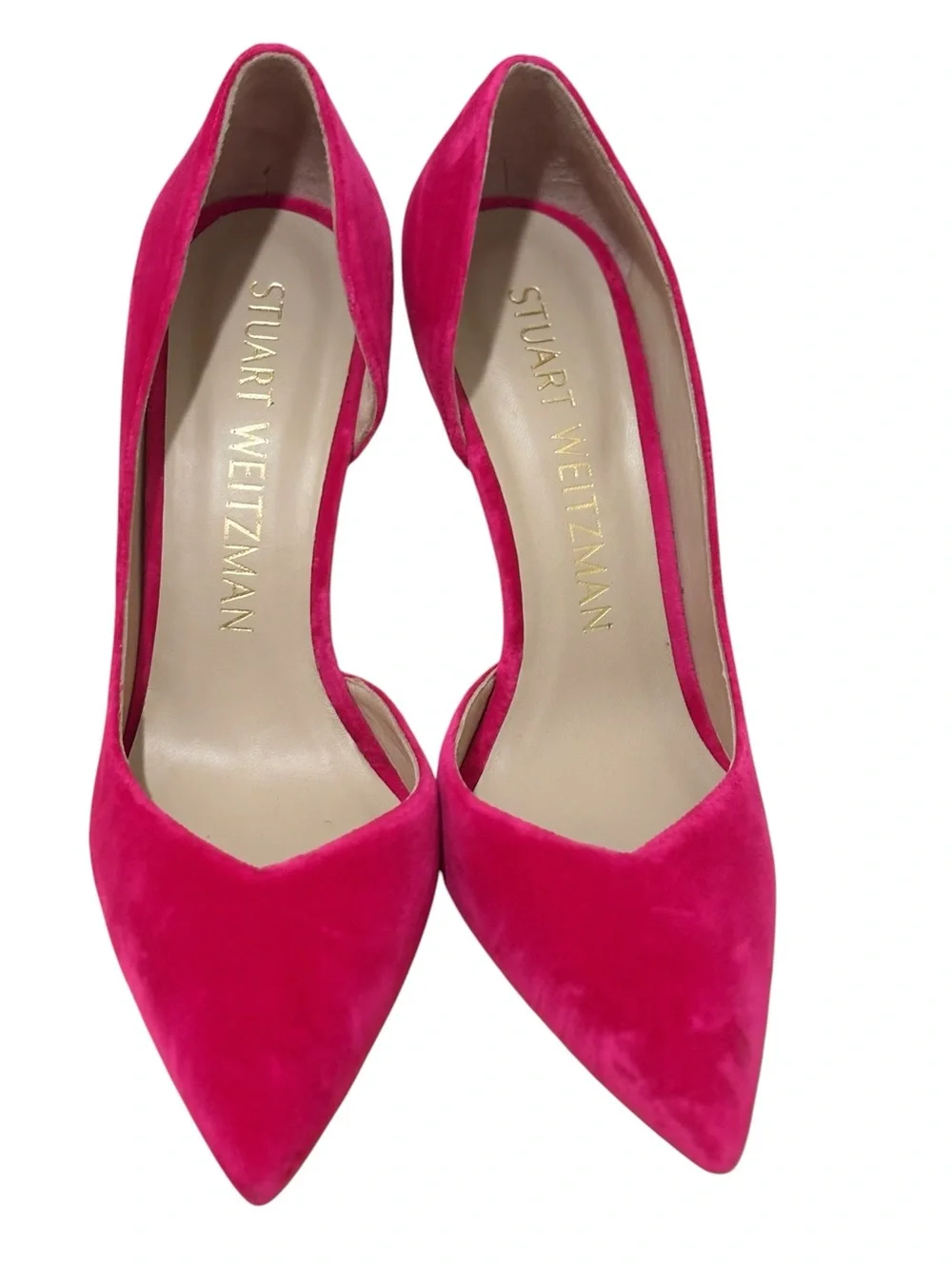 Stuart Weitzman Hot Pink Suede Pointed-Toe Stiletto Pumps w/ Gold Heel Size 9.5
